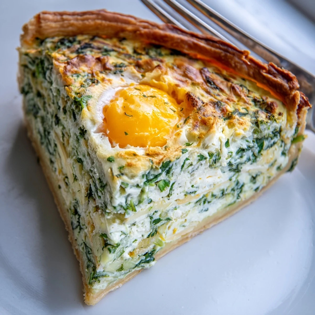 Savory Italian Easter tart sliced to reveal vibrant green spinach and rich ricotta layers with golden egg yolks