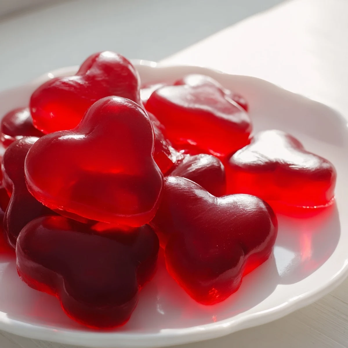 Chewy homemade strawberry gummies arranged on a white plate, glistening under natural light