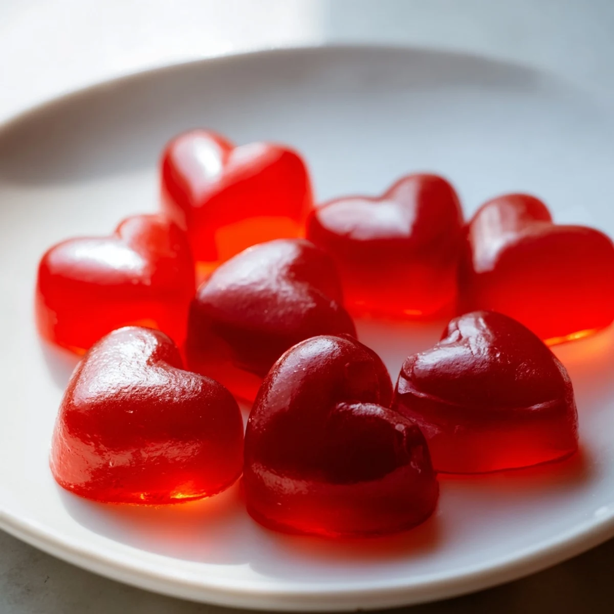 Batch of vibrant homemade strawberry gummies dusted with powdered sugar on a marble surface