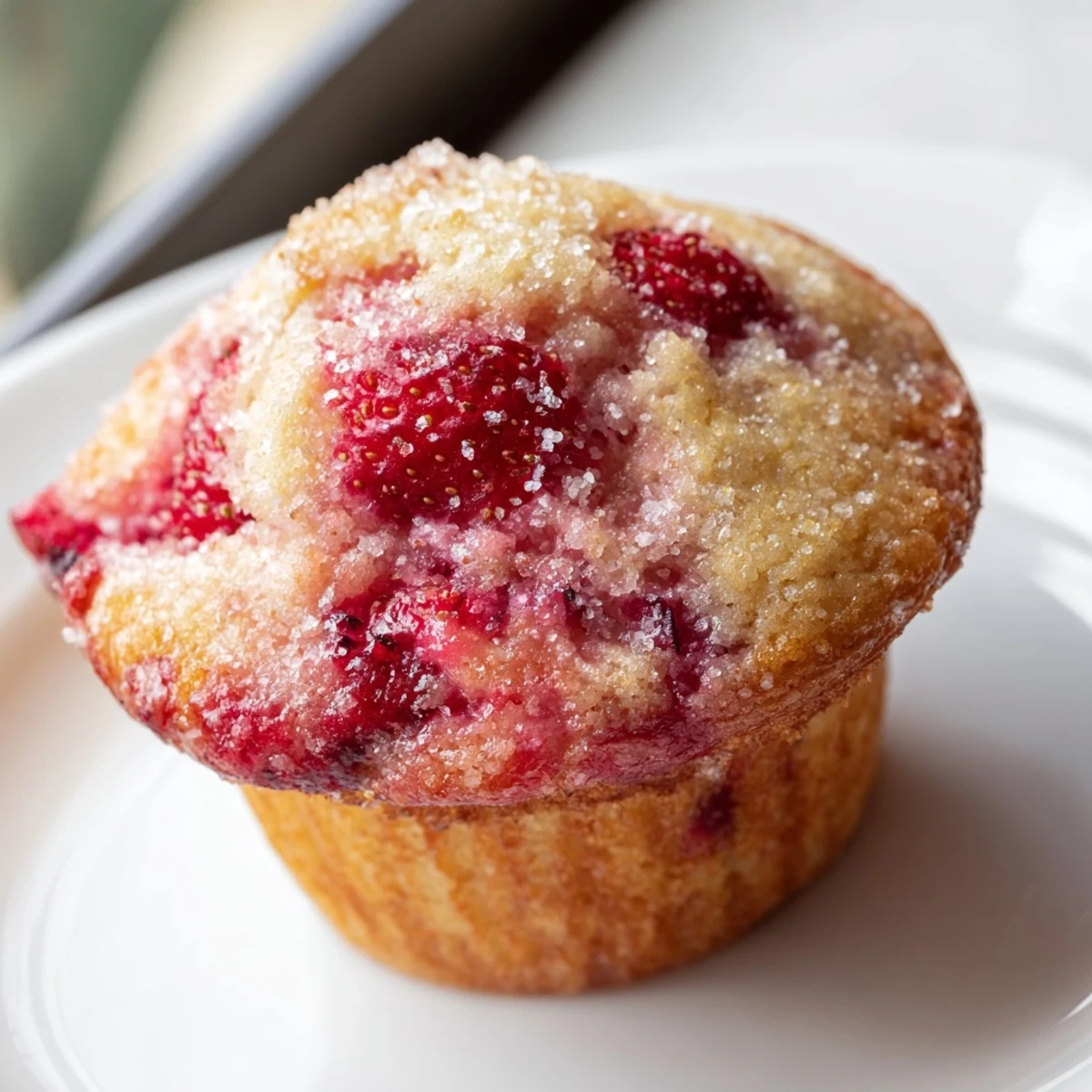 Golden bakery style fresh strawberry muffins topped with sparkling sugar and studded with red berry pieces