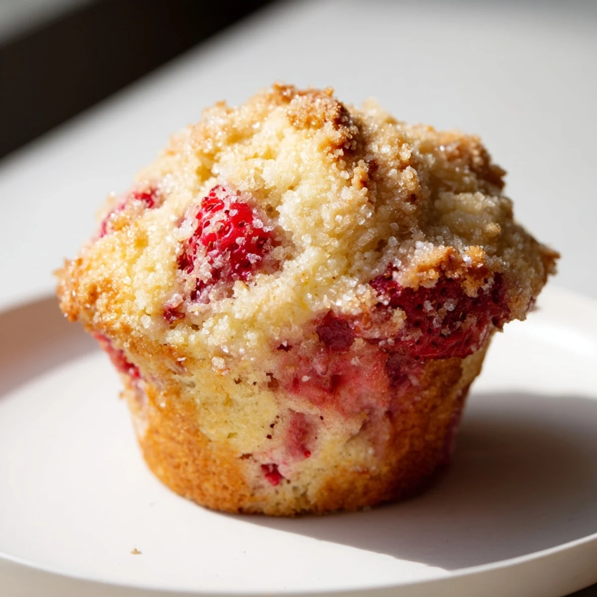 Moist fresh strawberry muffins burst with juicy fruit and crunchy turbinado topping on a rustic wire rack