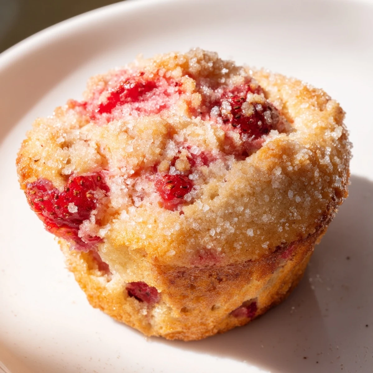 Fluffy bakery style fresh strawberry muffins cooling in a lined pan with flecks of vanilla bean batter