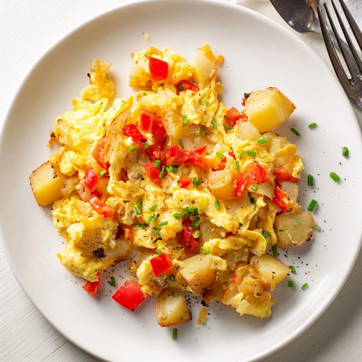 Hearty cheesy potato egg scramble plated with fresh chives on a white ceramic dish