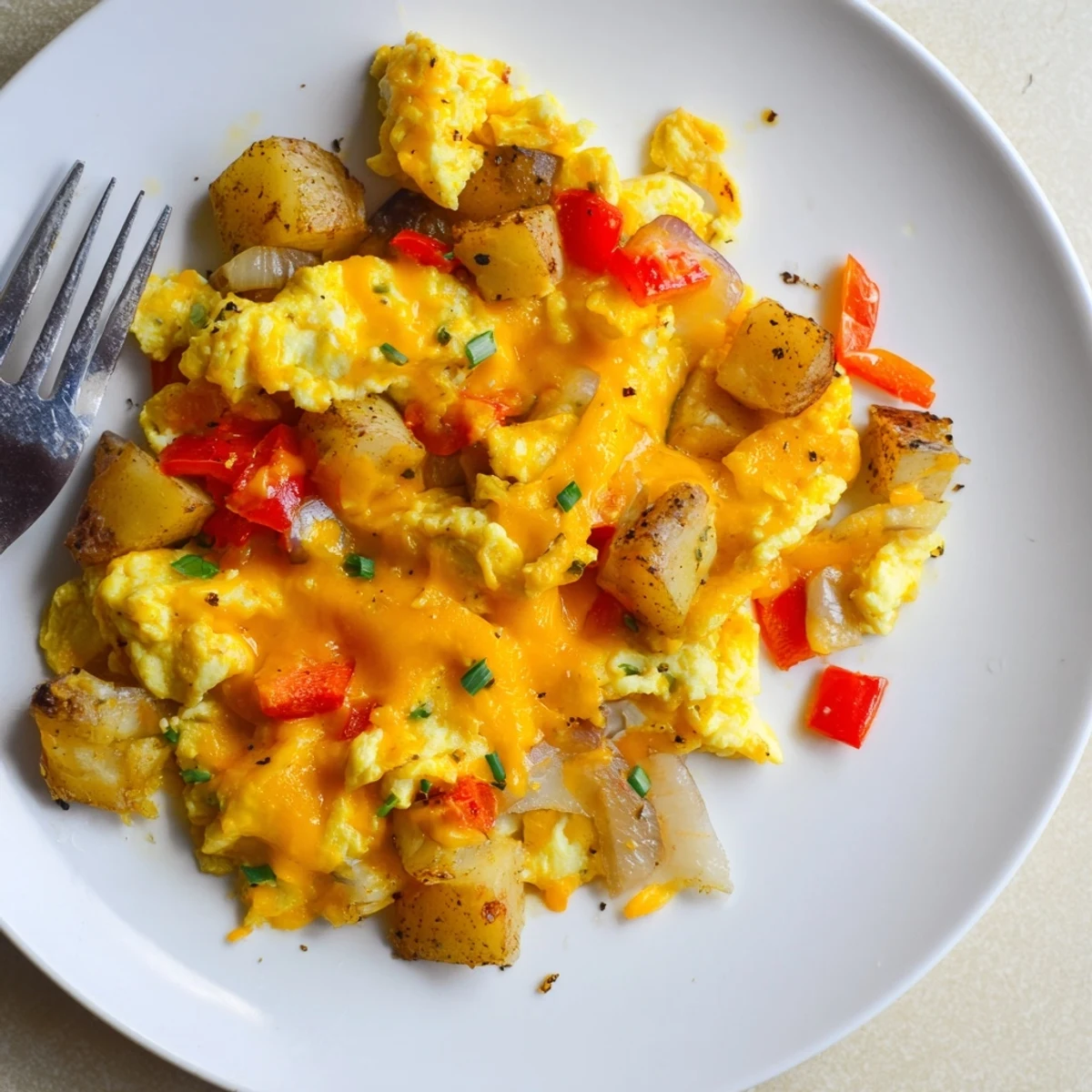 Savory breakfast scramble featuring russet potatoes, bell peppers, and eggs topped with shredded cheese