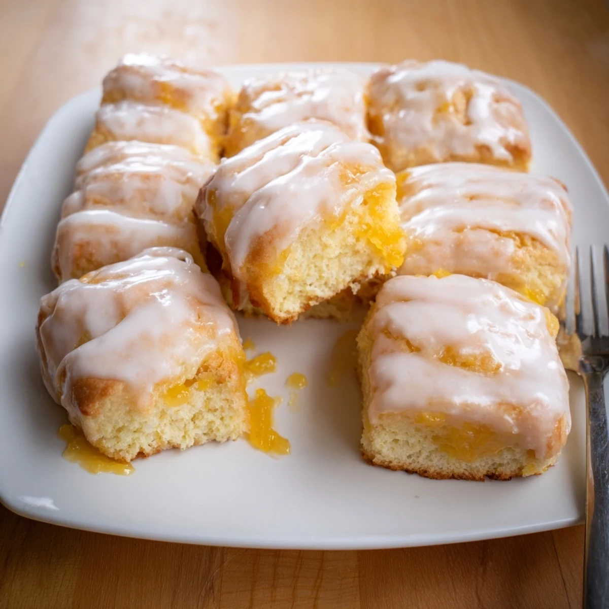 Golden peach butter swim biscuits drizzled with white vanilla glaze on a baking dish