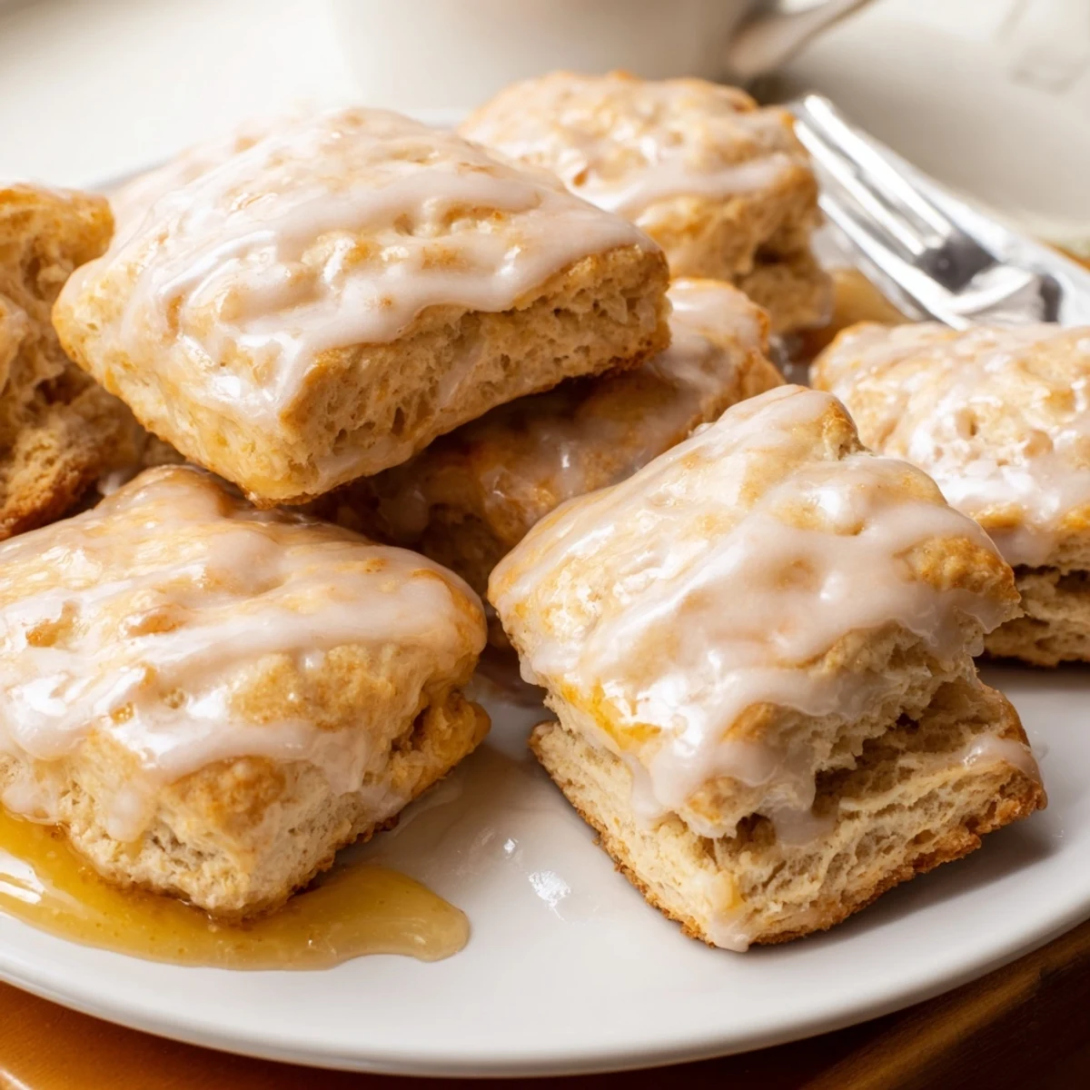Warm vanilla glazed biscuits swimming in peach butter, served fresh from the oven