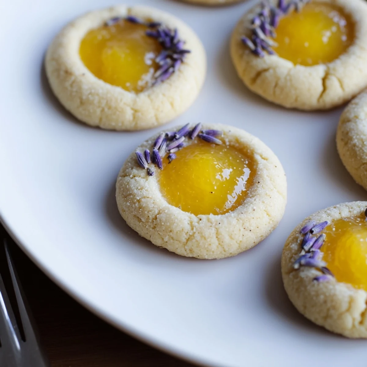 Buttery thumbprint cookies with floral lavender and tangy lemon curd centers arranged for afternoon tea