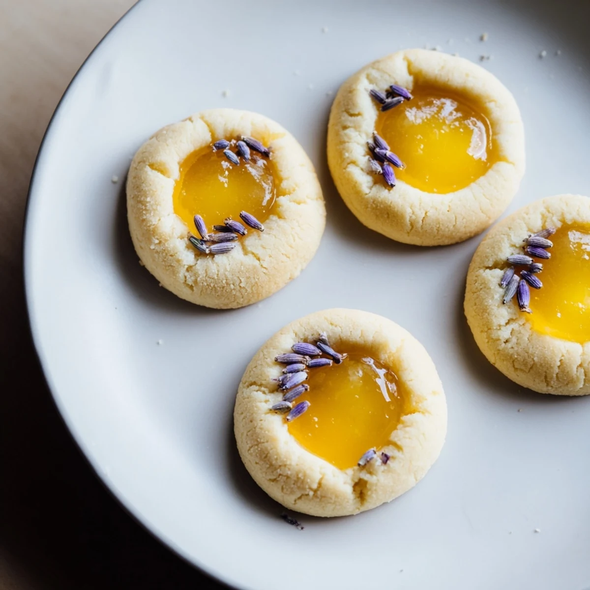 Golden lemon lavender thumbprint cookies filled with bright yellow lemon curd on a white plate