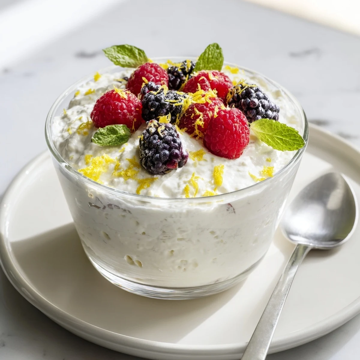 Creamy no bake lemon mascarpone mousse topped with fresh berries and mint in glass serving dishes