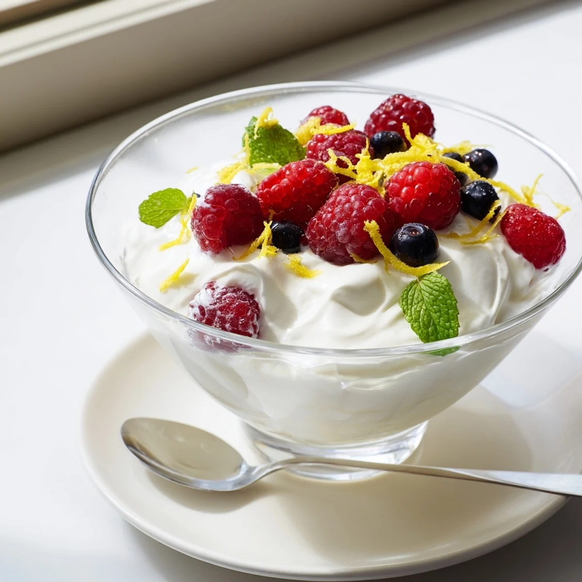 Light and fluffy lemon mascarpone mousse dessert piped into elegant bowls with bright lemon zest garnish