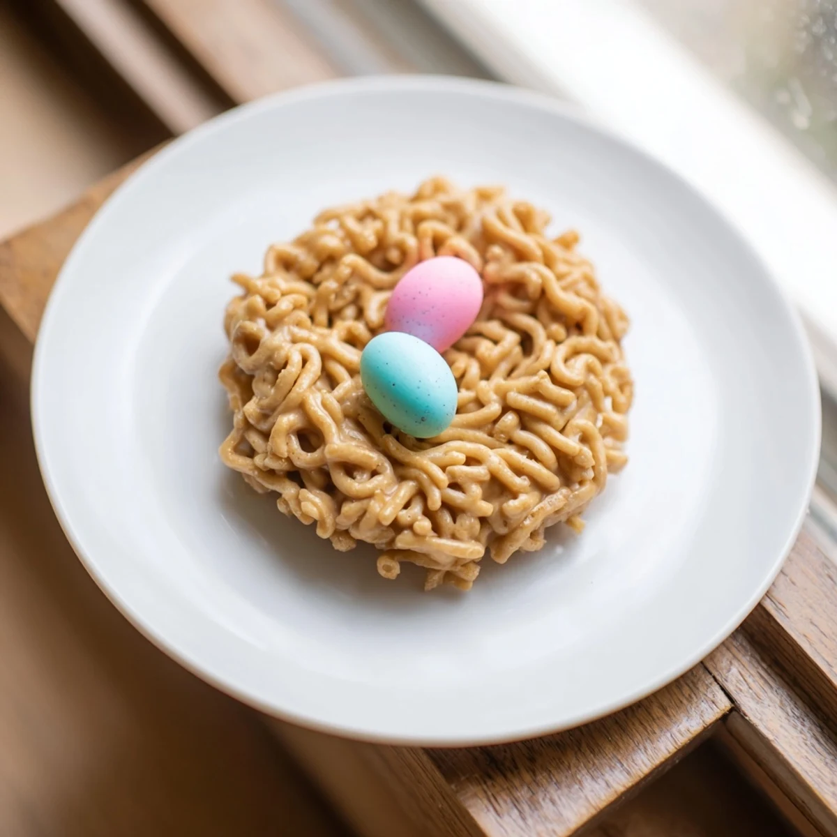 Chocolatey no bake birds nest cookies arranged on parchment paper with pastel egg centers