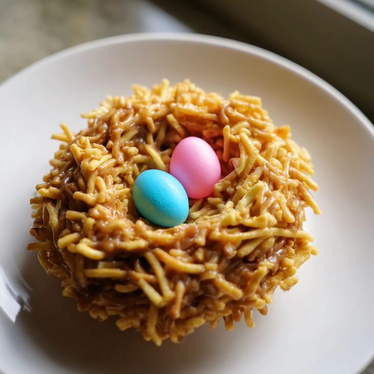 No bake birds nest cookies with melted chocolate coating topped with colorful candy eggs