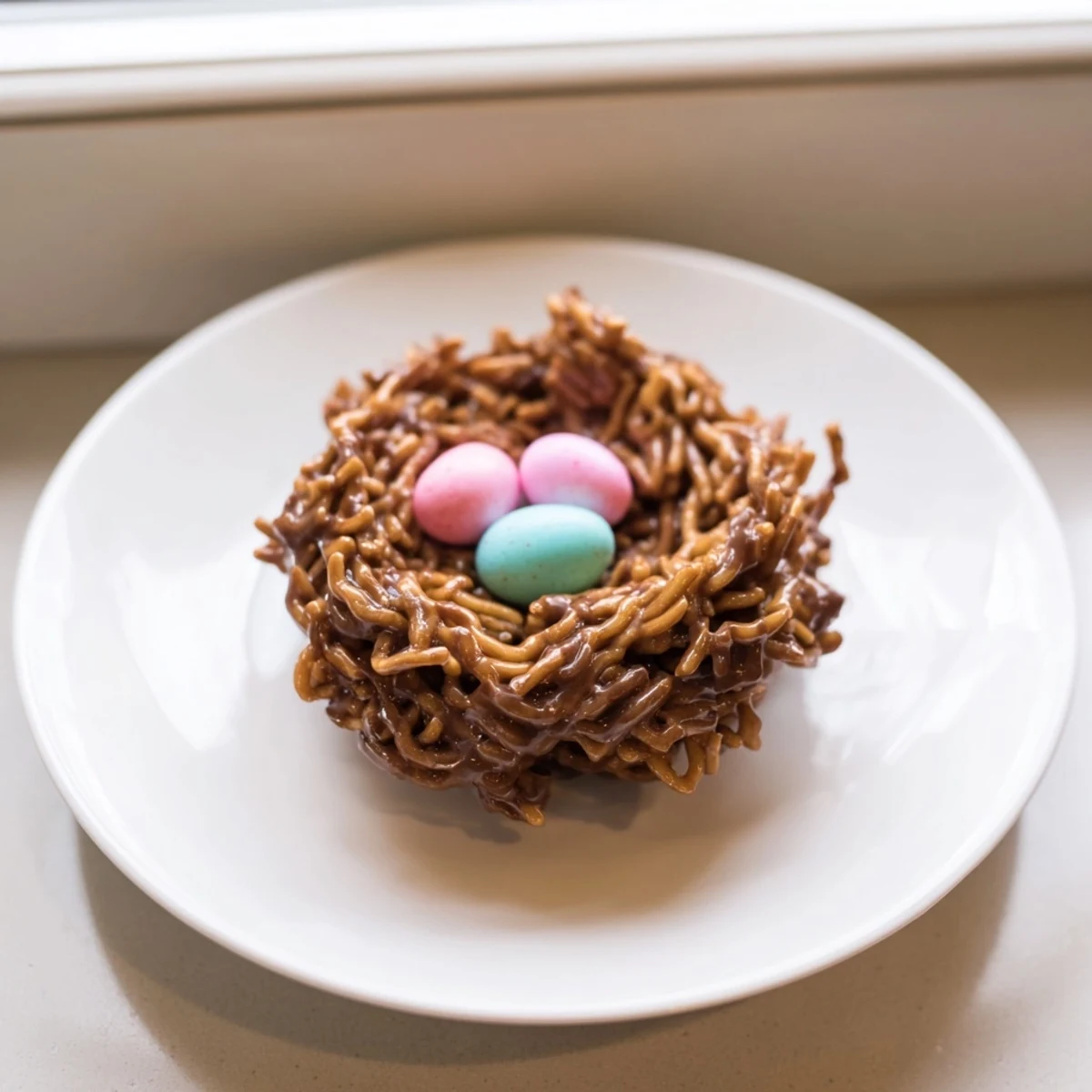 Crispy no bake birds nest cookies filled with candy eggs on white baking sheet