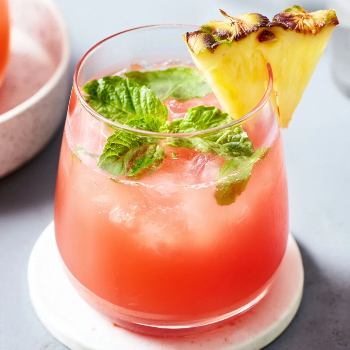 Tall glass filled with vibrant pink pineapple lemonade over ice with pineapple wedge