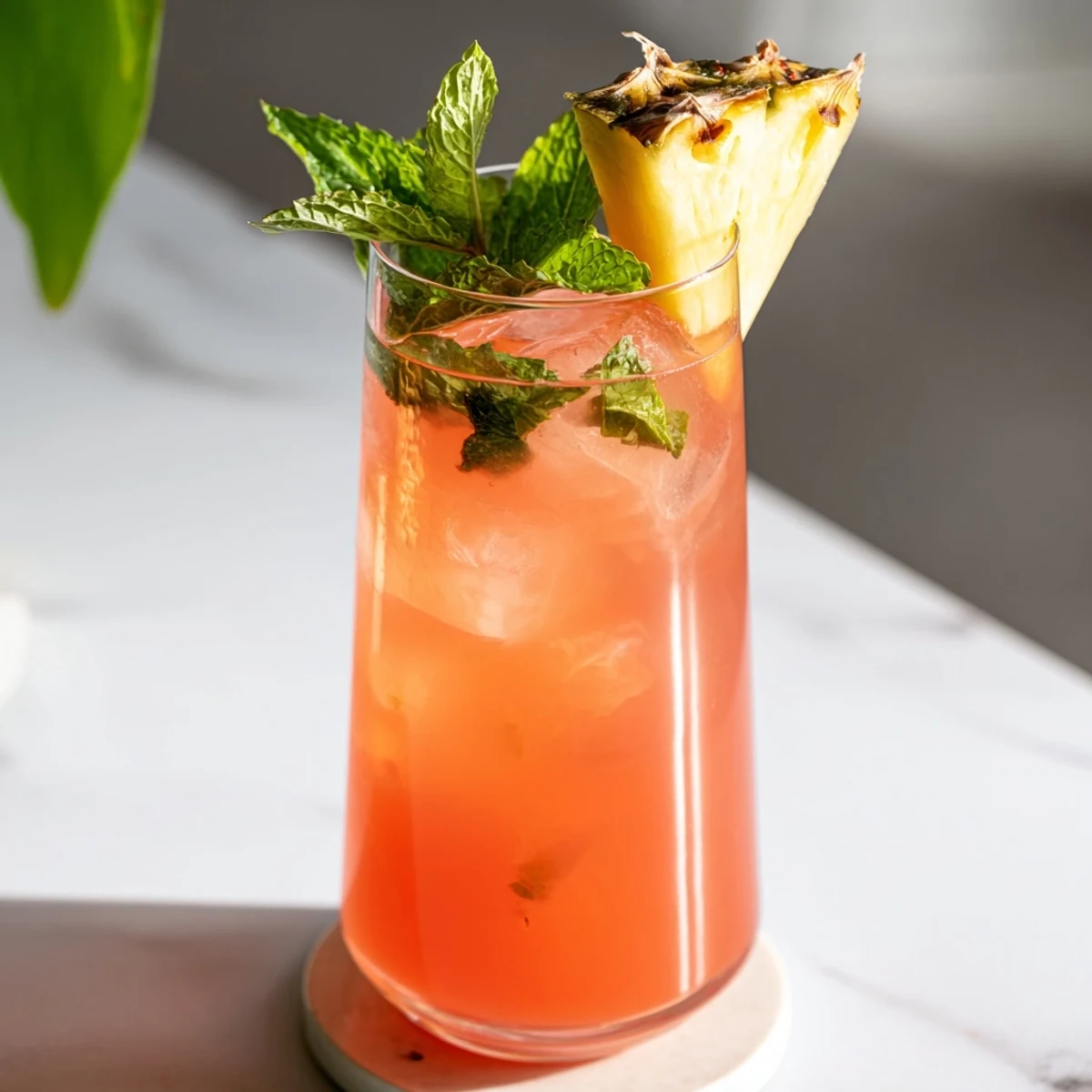 Refreshing pineapple pink lemonade in a glass pitcher topped with lemon and mint