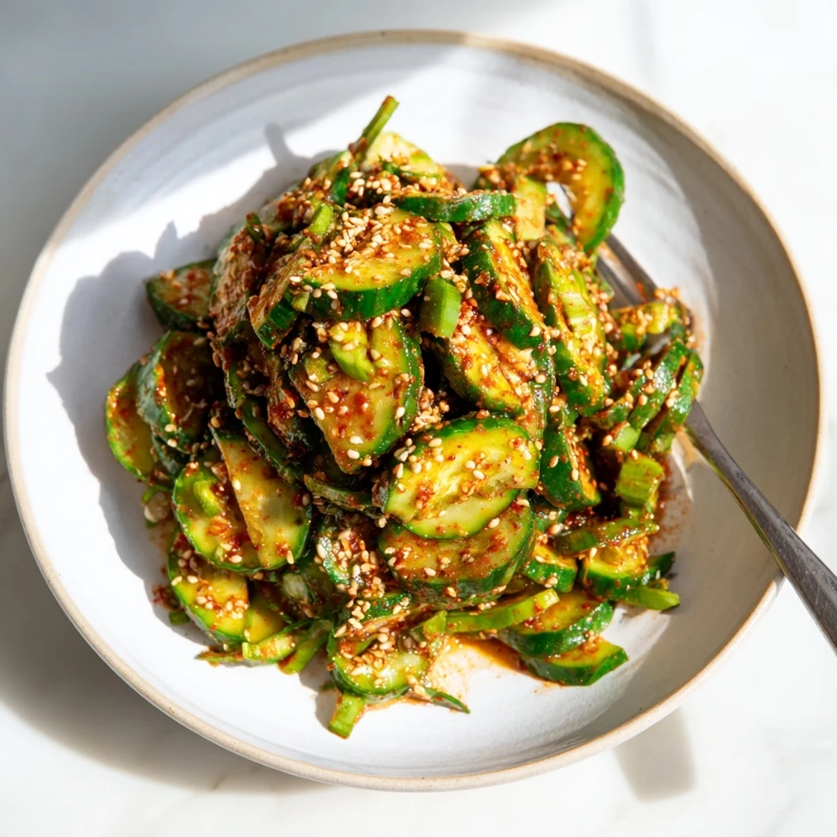 Crisp Korean cucumber salad tossed in spicy gochugaru dressing with toasted sesame seeds