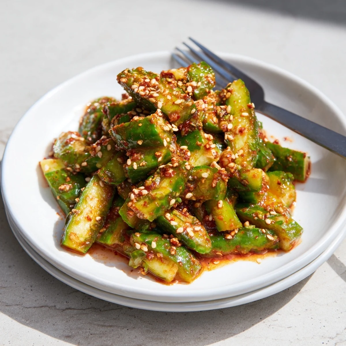 Fresh thinly sliced cucumbers coated in sweet and tangy Korean chili sesame oil sauce