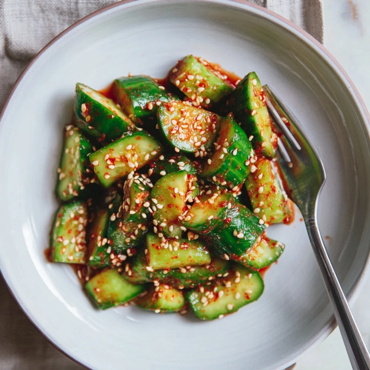 Vibrant side dish featuring crunchy cucumbers marinated in Korean red pepper and garlic seasoning