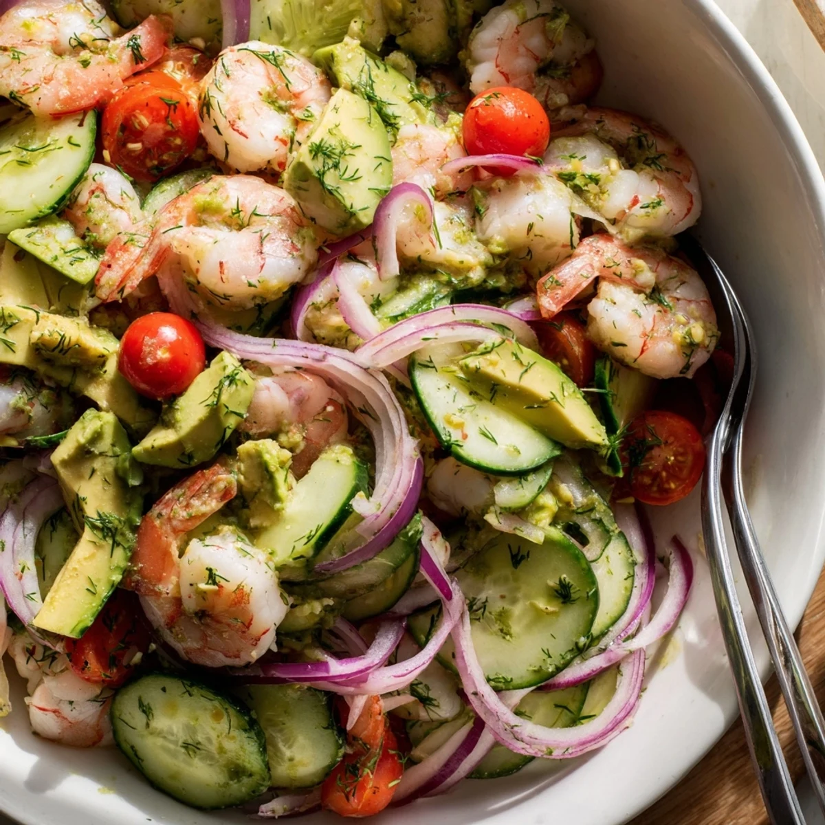 Fresh cucumber shrimp salad with tender shrimp, crisp vegetables, and zesty lemon-herb dressing in a white bowl