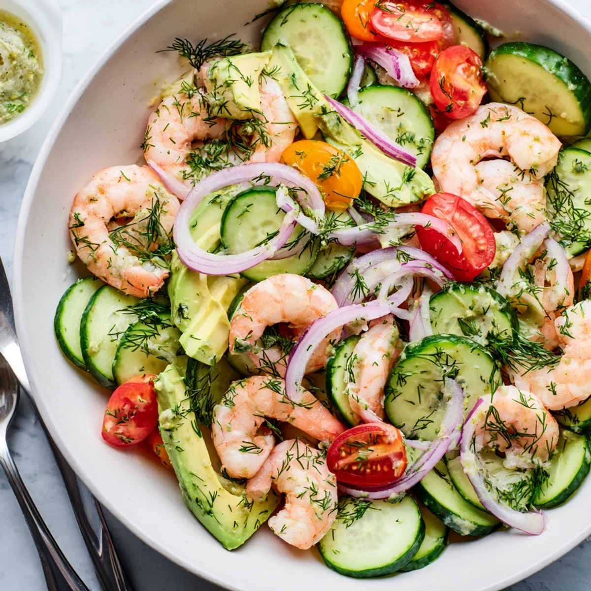 Gluten-free cucumber shrimp salad tossed in olive oil dressing, garnished with fresh dill and served chilled