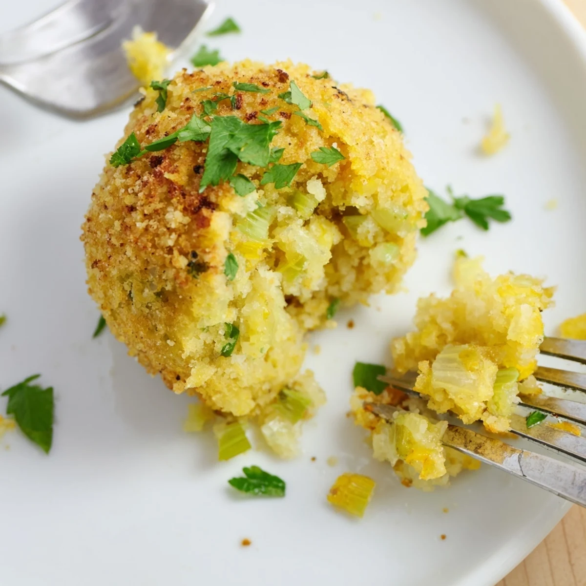Golden crispy cornbread dressing balls fried to perfection with crunchy panko coating on white plate