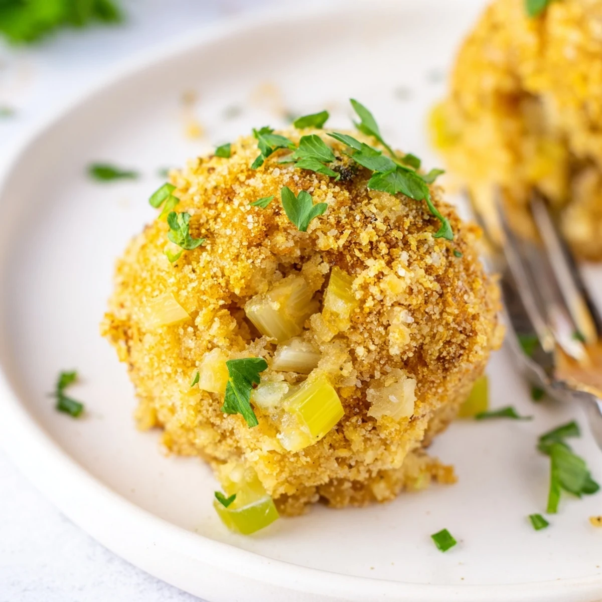 Southern cornbread dressing balls featuring sage and celery nestled on serving platter with garnish