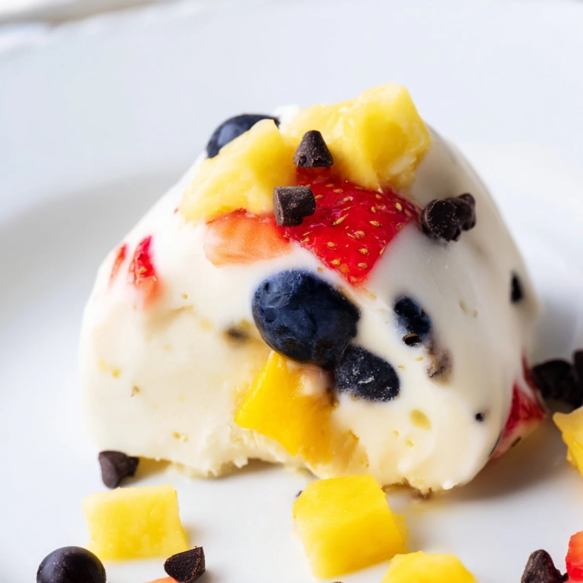 Colorful frozen Greek yogurt bites topped with fresh strawberries, blueberries, and mango pieces arranged on a baking sheet