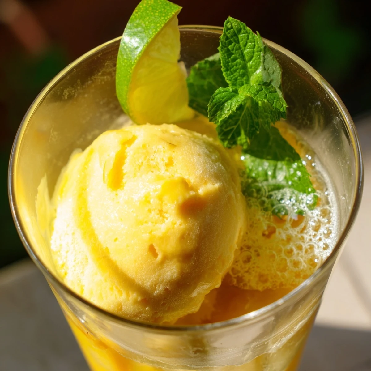 Golden mango ginger puree topped with melting vanilla ice cream in a tall glass