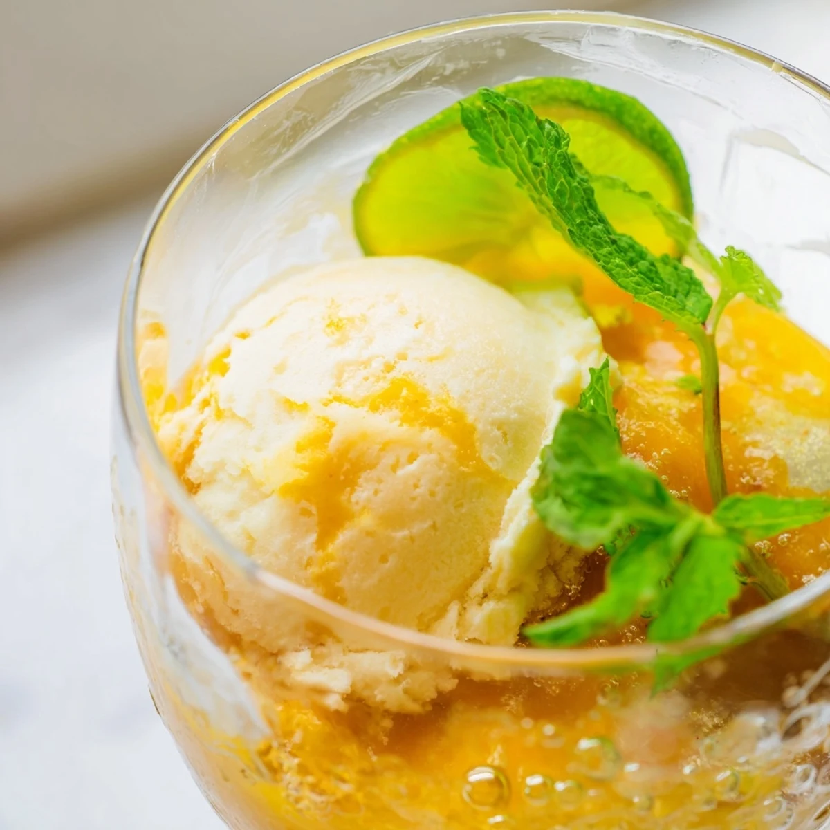 Tropical beverage featuring bright yellow mango base with mint garnish and floating vanilla ice cream