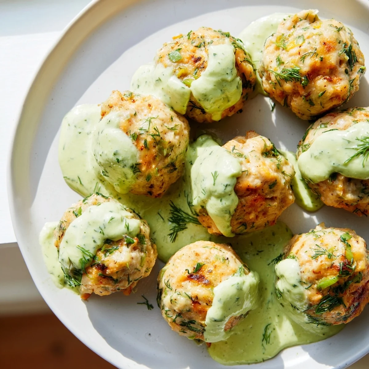 Tender salmon meatballs on white plate topped with zesty avocado cream drizzle