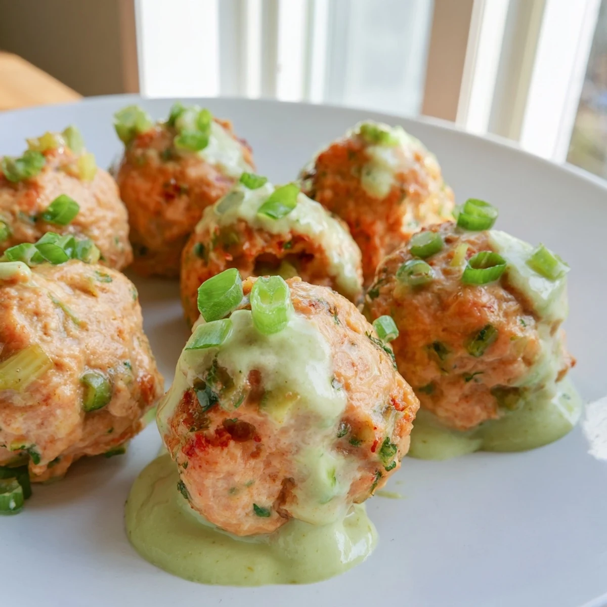 Golden baked salmon meatballs served with creamy green avocado sauce dipping bowl