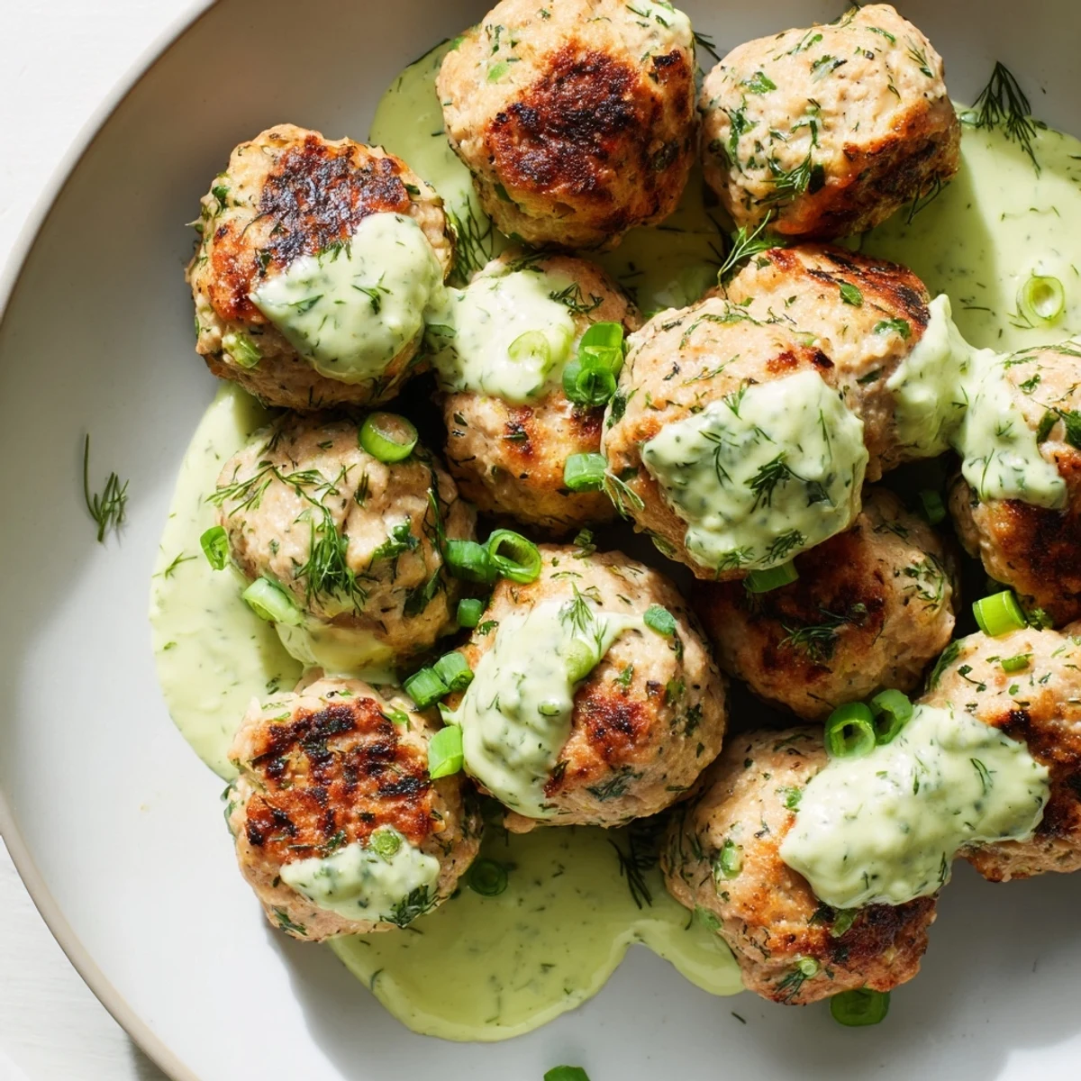 Baked salmon meatballs arranged on platter alongside smooth avocado yogurt sauce