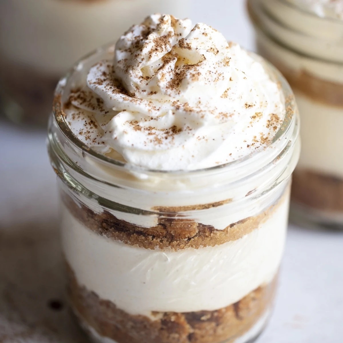 Creamy no bake mini mason jar spiced cheesecakes layered with cinnamon graham cracker crust