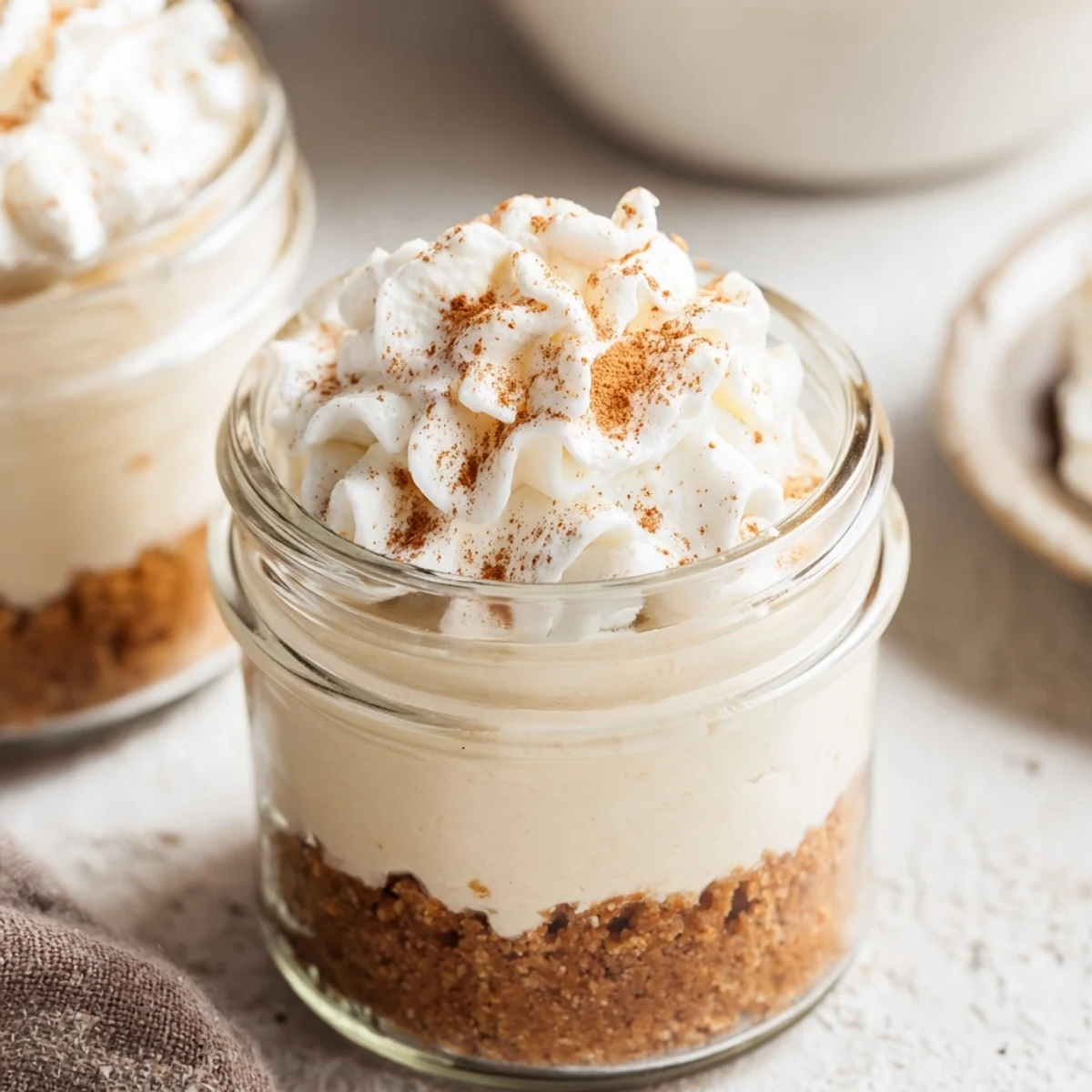 Individual glass jars filled with spiced cheesecake topped with whipped cream and nutmeg