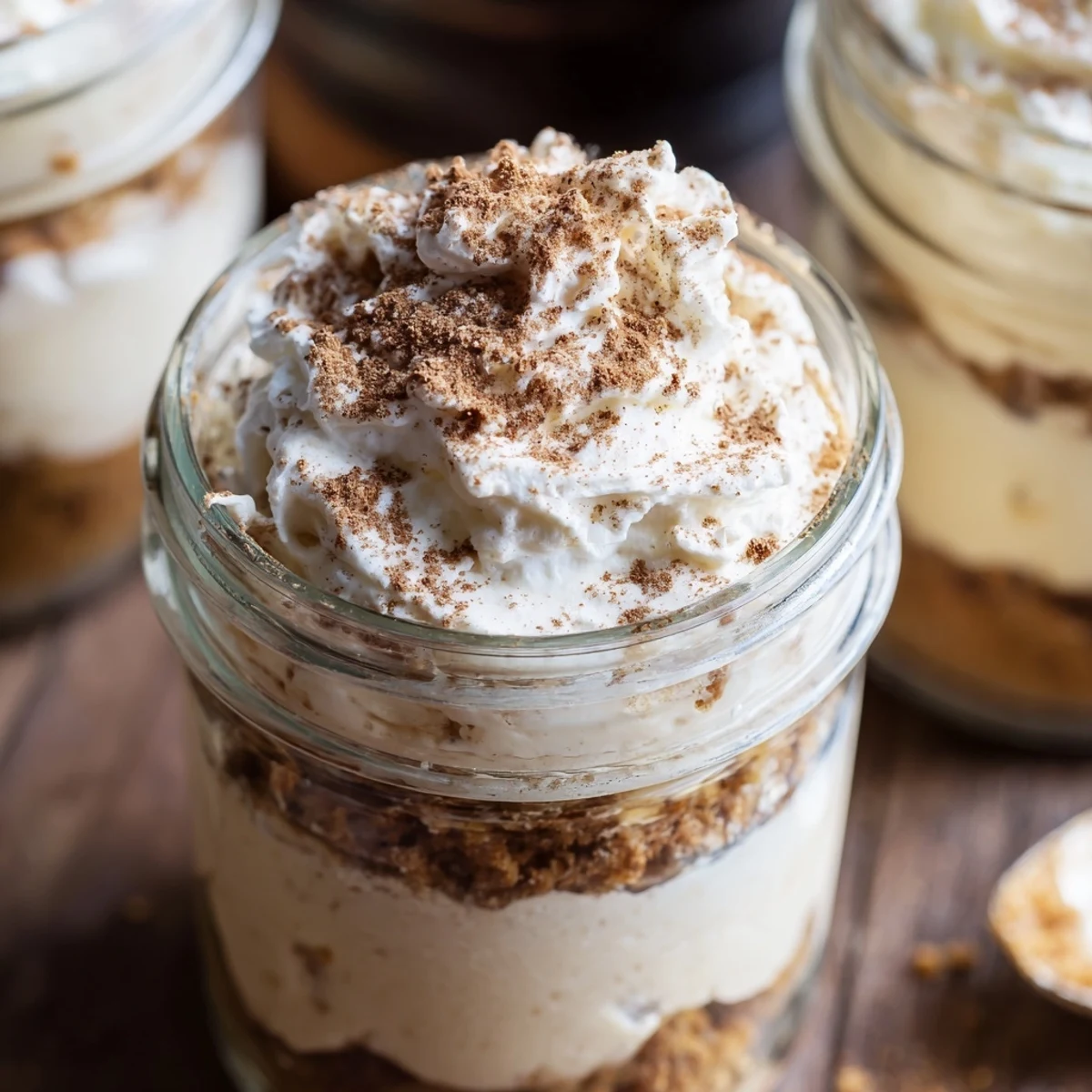 Close up of layered mason jar cheesecakes with brown sugar crust and aromatic spices