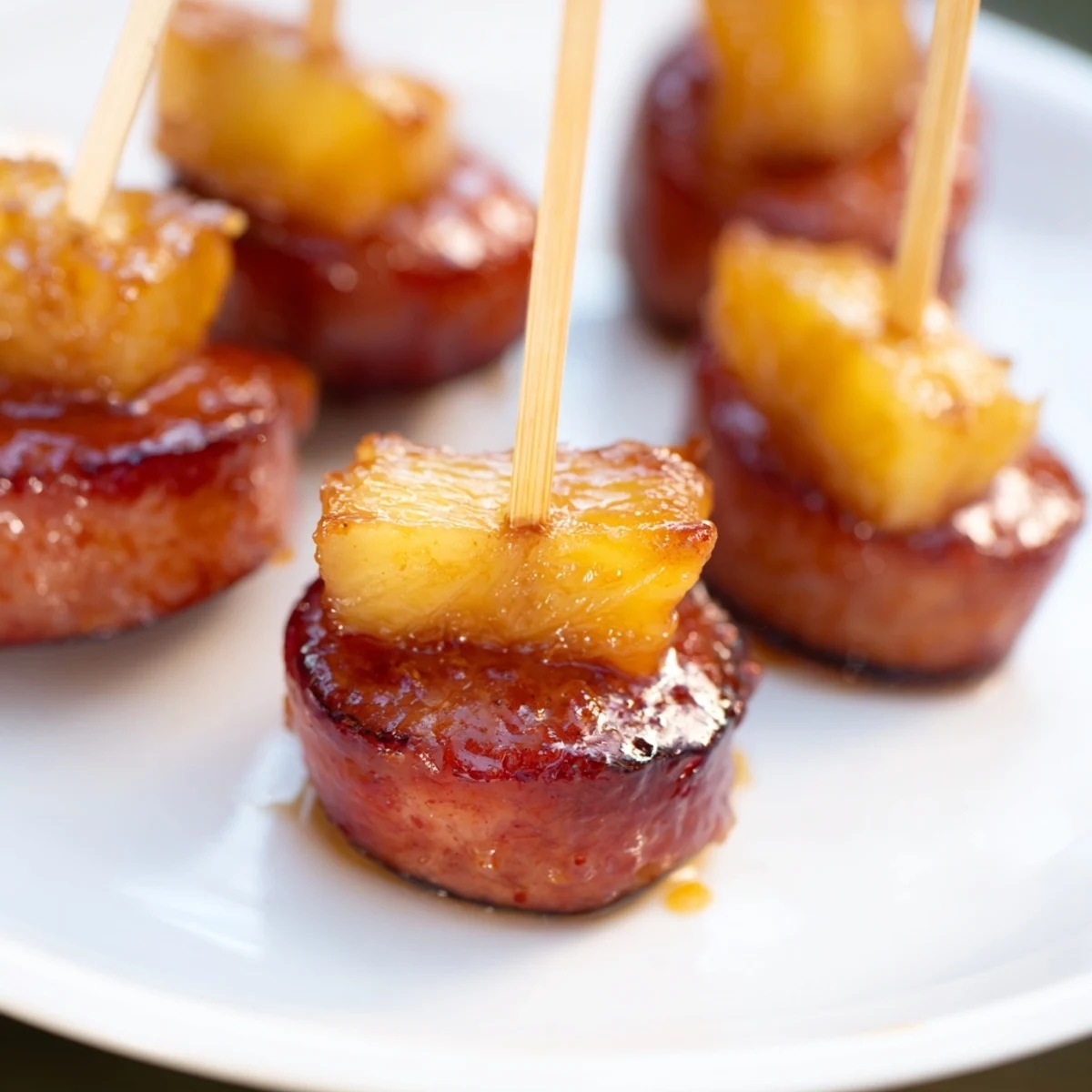 Golden glazed kielbasa pineapple bites on toothpicks with sticky caramelized coating