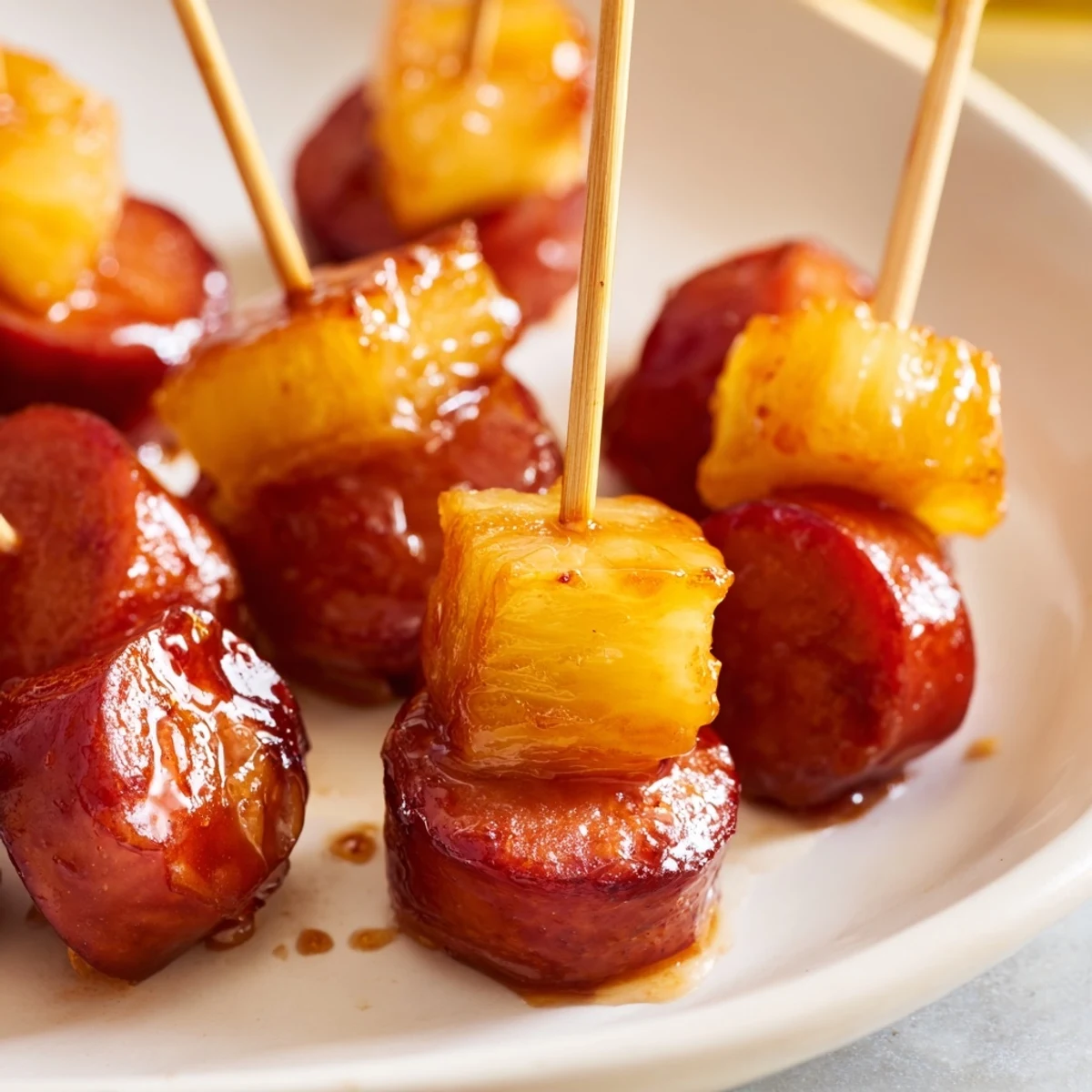 Appetizer tray of glazed kielbasa pineapple bites glistening with sweet barbecue sauce