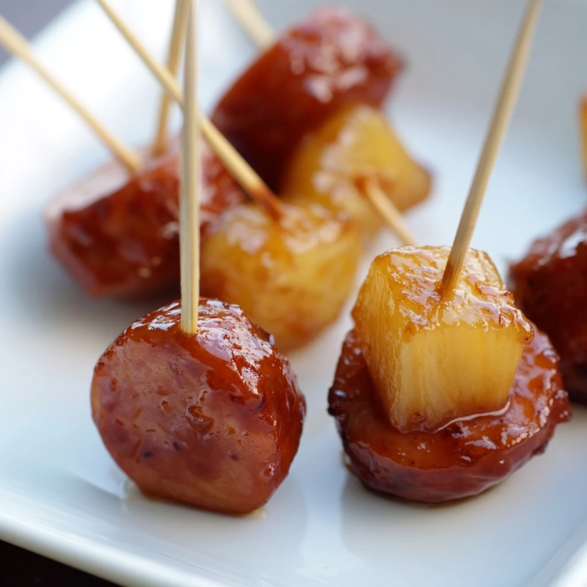 Savory kielbasa slices and sweet pineapple chunks brushed with tangy brown sugar glaze