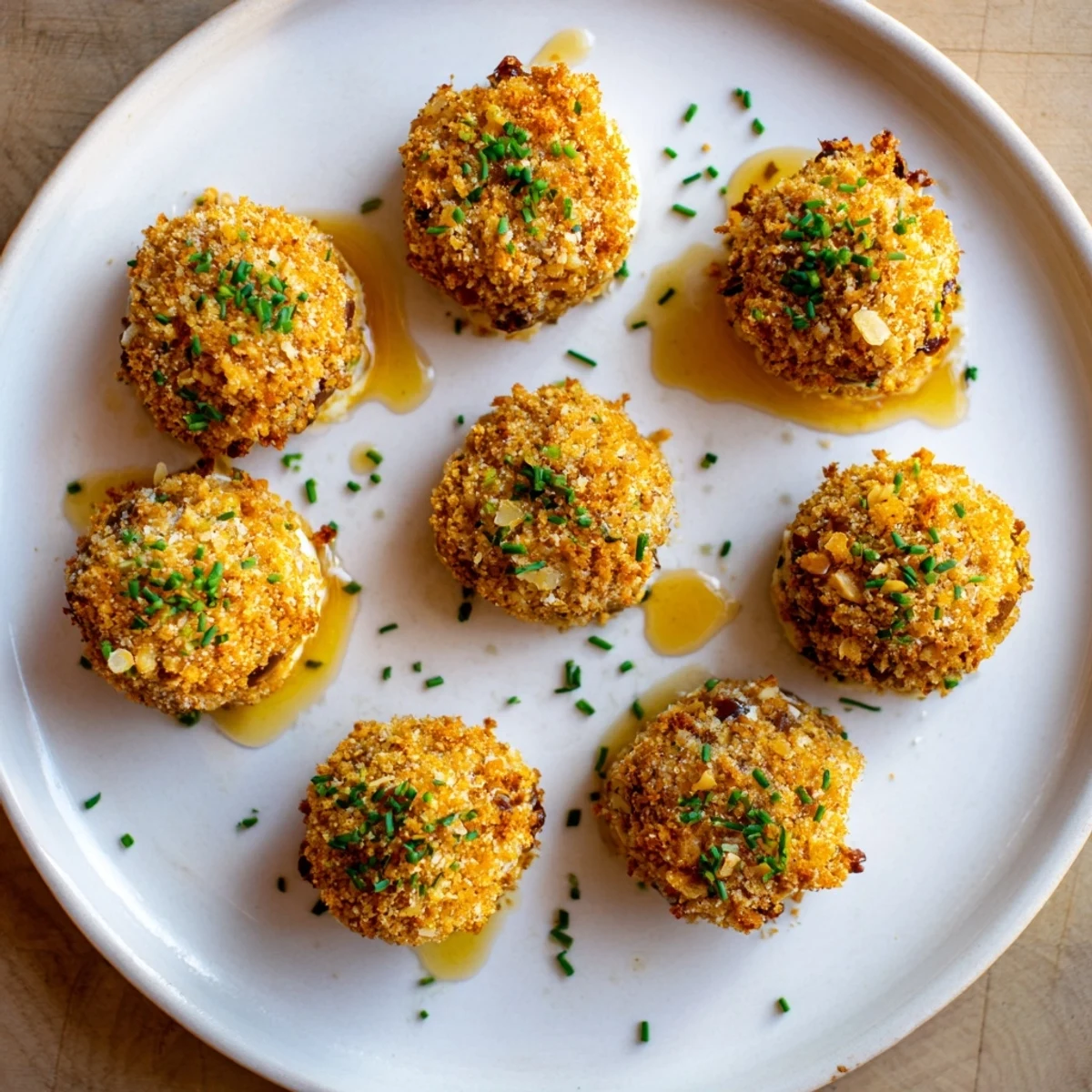 Golden crispy fried goat cheese medallions with crunchy pretzel crust on white plate