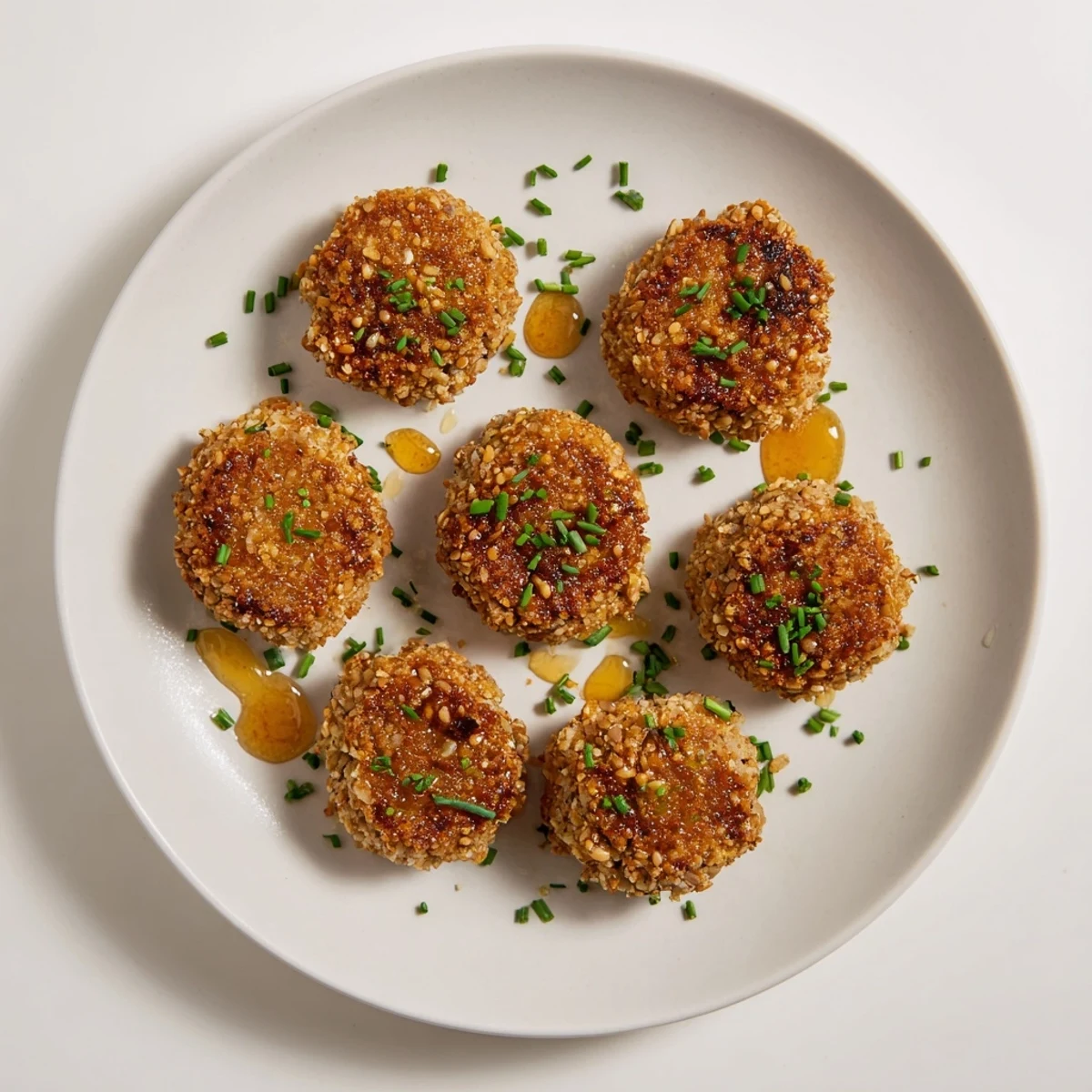Tangy goat cheese rounds fried in pretzel coating garnished with fresh green chives