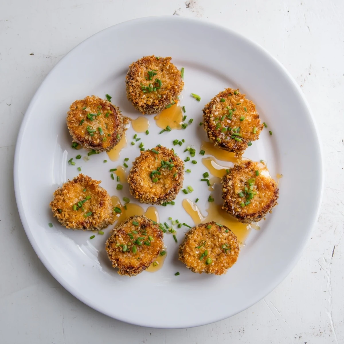 Crispy pretzel crusted goat cheese appetizer served warm with honey drizzle on plate