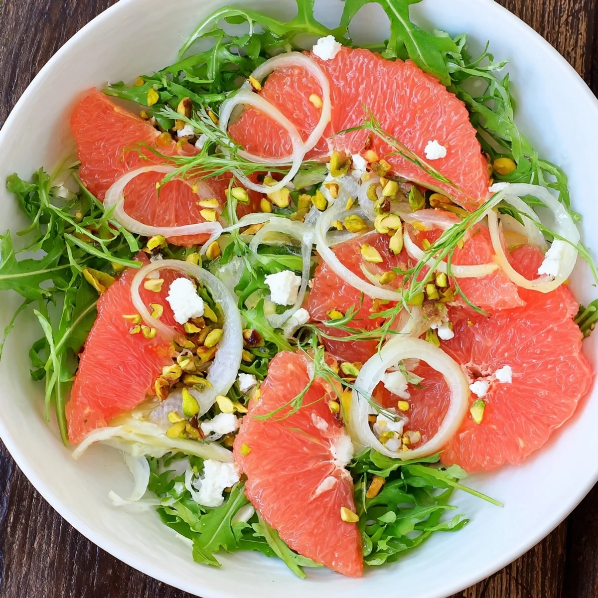 Bright Grapefruit Goat Cheese Fennel Salad with pink citrus segments and creamy white cheese crumbles on a bed of fresh arugula.