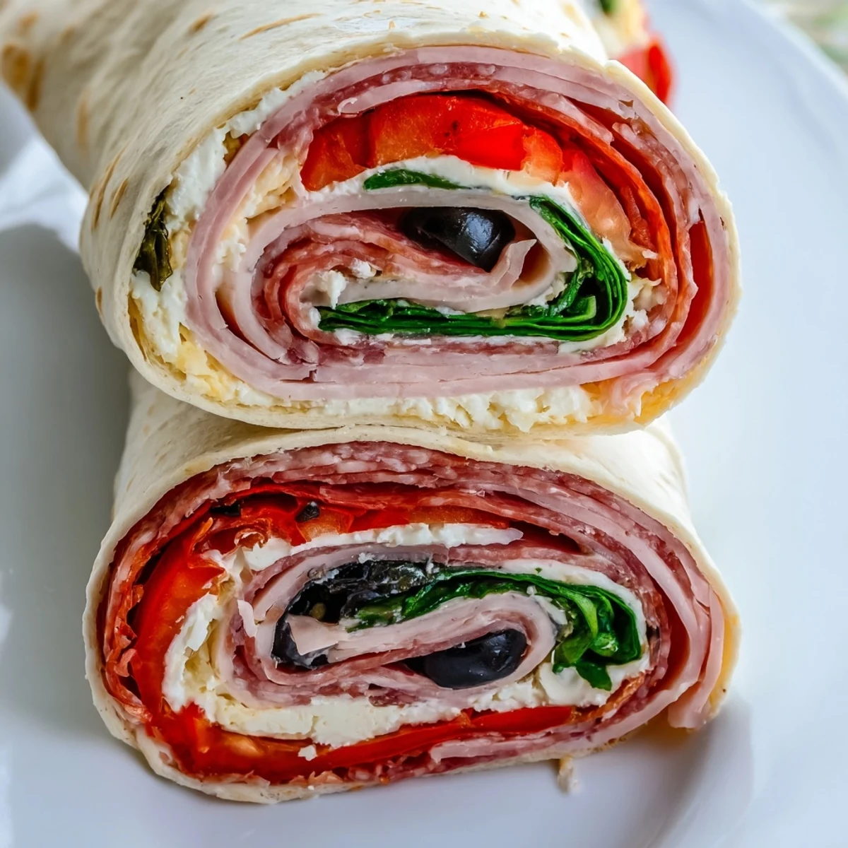 Colorful Italian Pinwheel Sandwiches arranged on a platter with fresh spinach and black olives visible inside the tortilla rolls