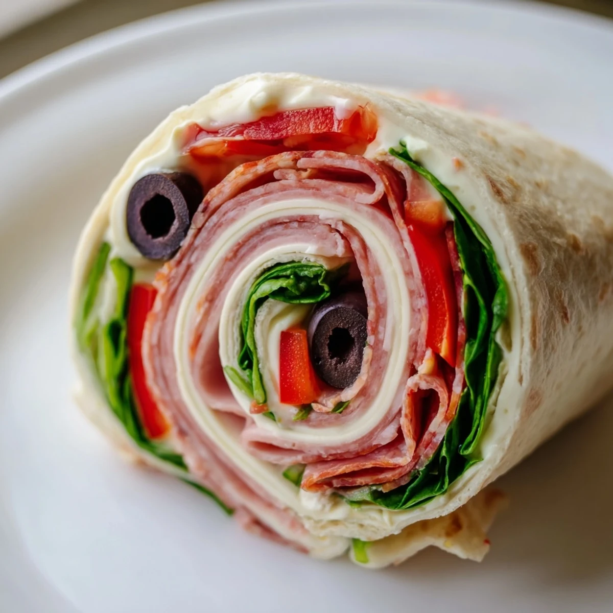 Close-up of Italian Pinwheel Sandwiches featuring cream cheese spread and deli meats tightly rolled in flour tortillas for easy appetizer serving