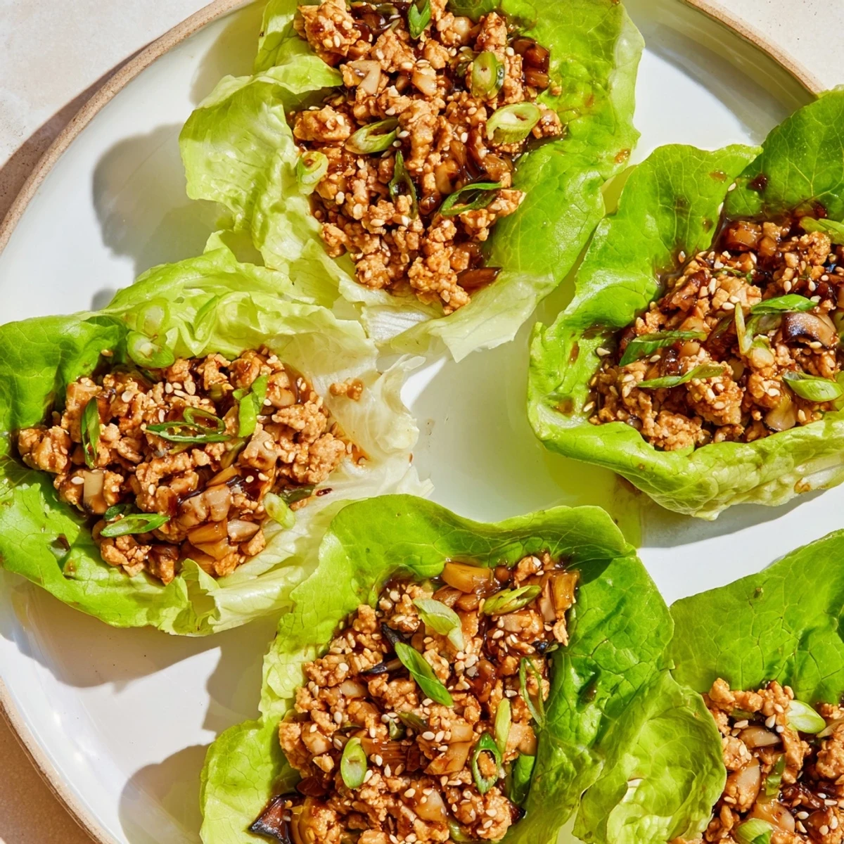 Golden brown chicken mixture with water chestnuts and mushrooms nestled in fresh lettuce leaves