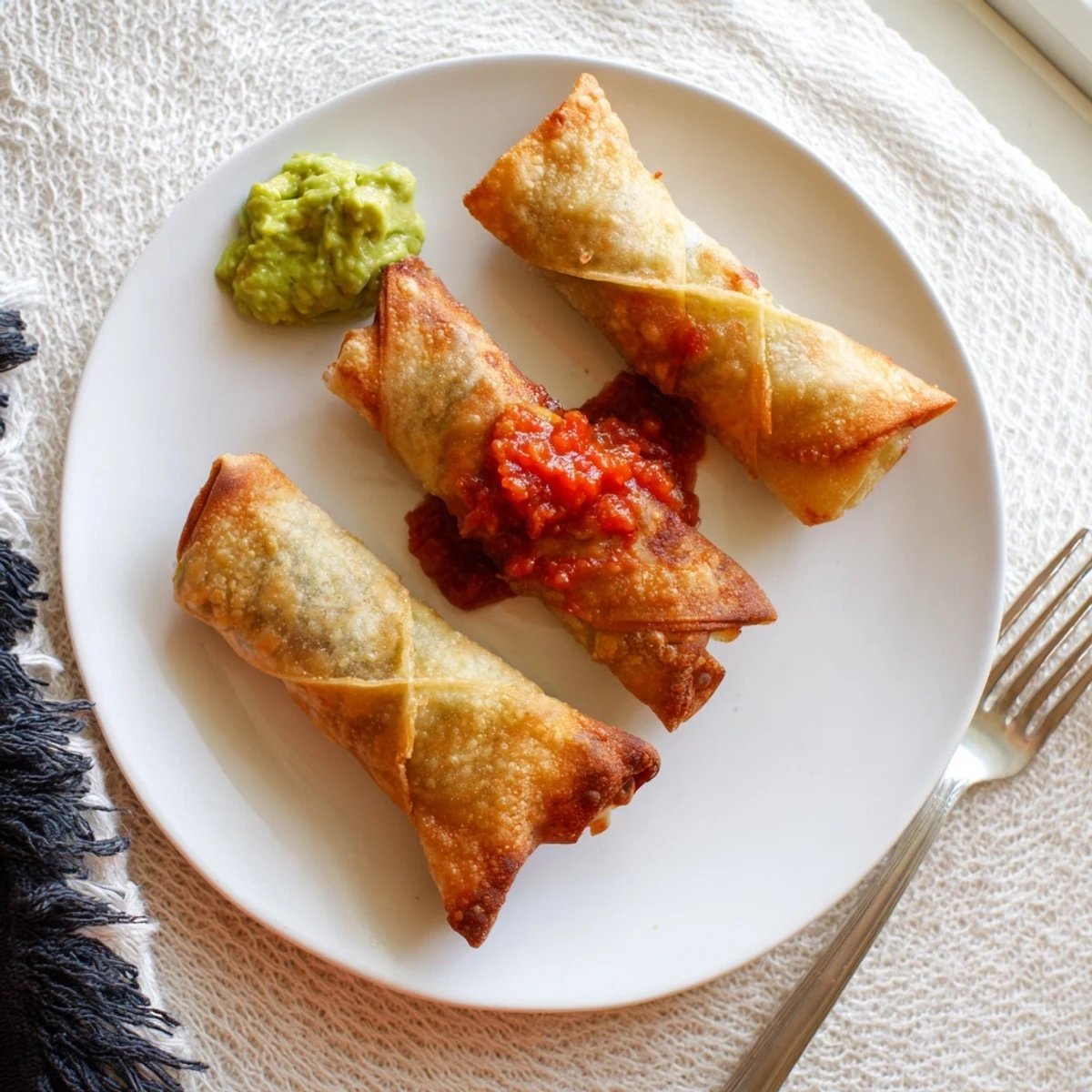 Crispy fried Southwest egg rolls showcasing colorful filling of peppers, onions and spices inside