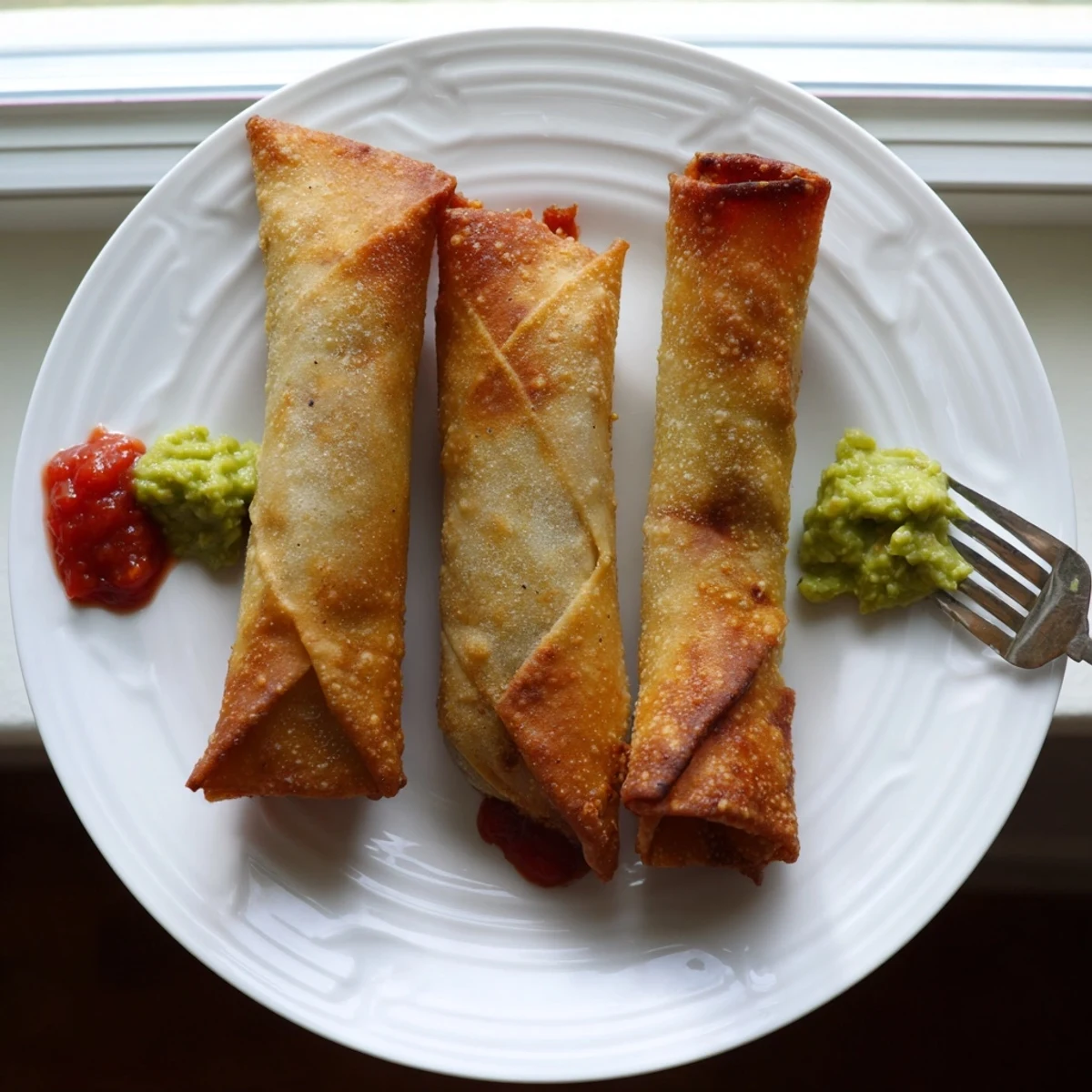 Golden brown Southwest egg rolls filled with seasoned chicken, black beans, corn and melted cheese