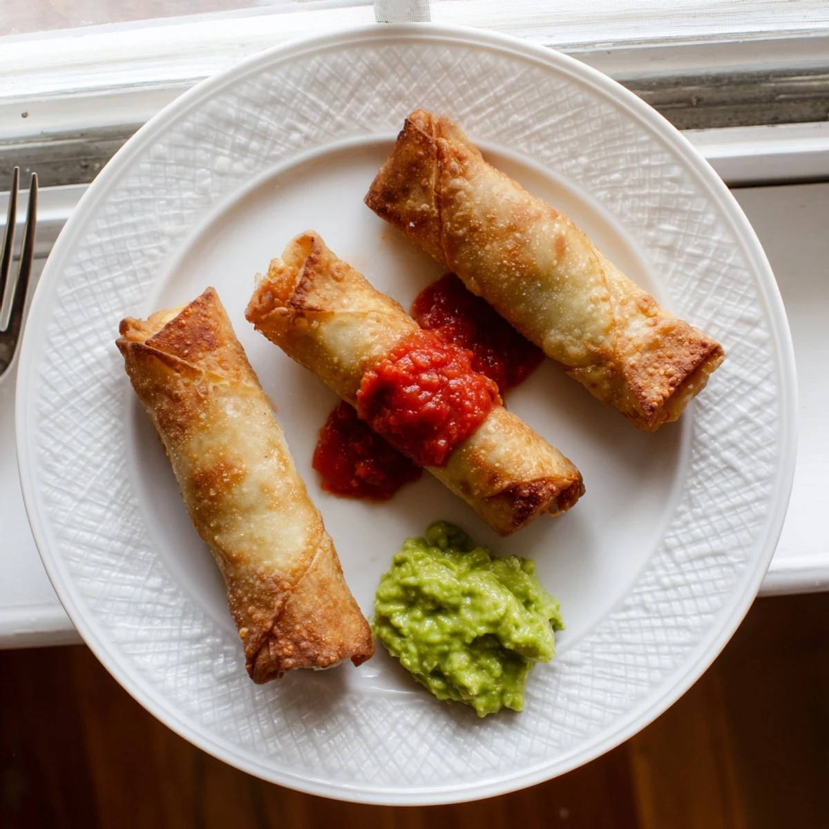 Homemade Southwest egg rolls arranged on serving plate with salsa and guacamole dipping sauces