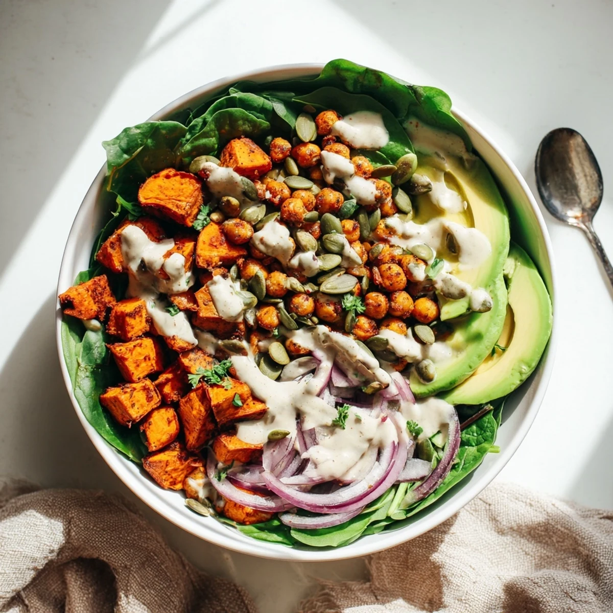 Colorful roasted sweet potato and chickpea bowls topped with creamy avocado and zesty tahini drizzle