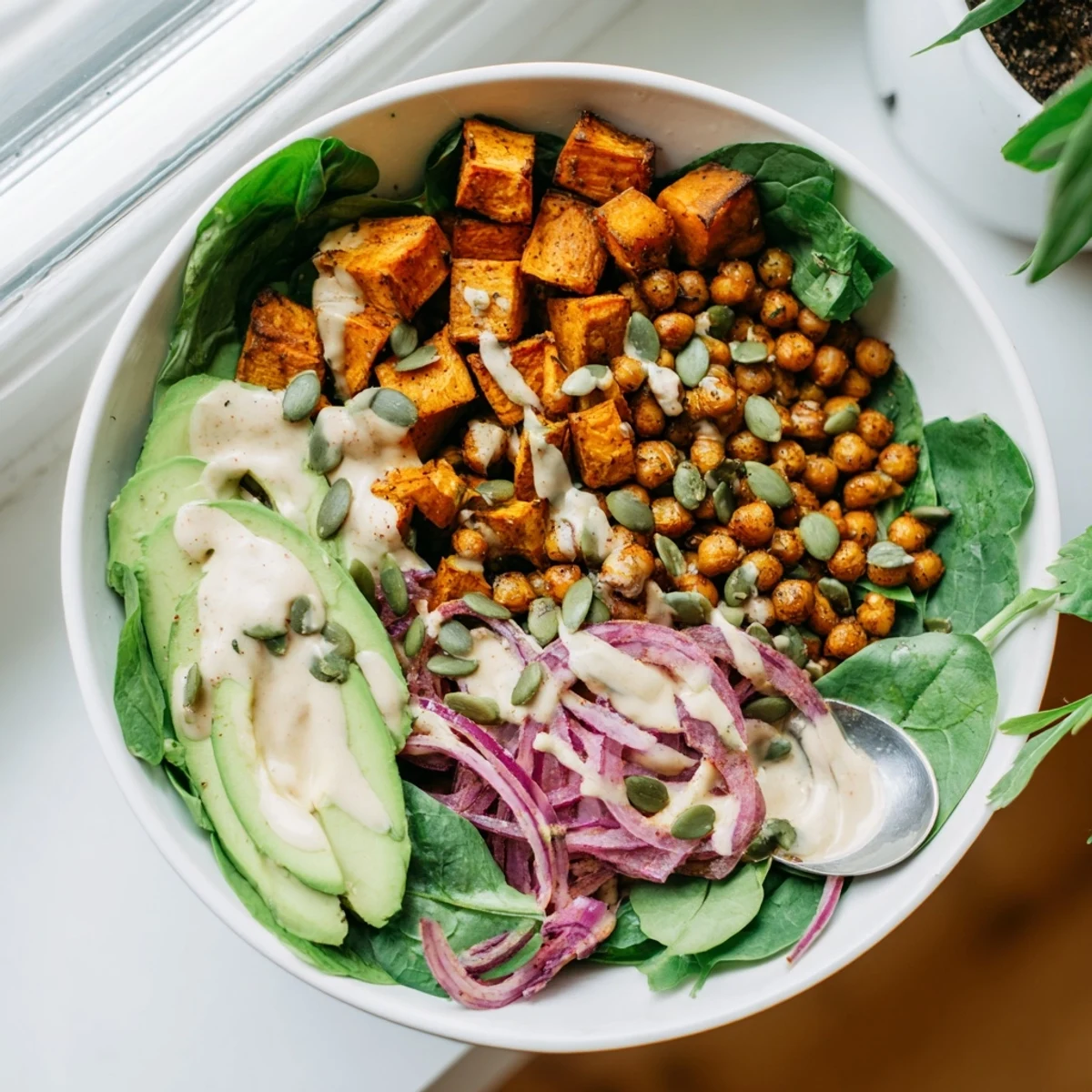Wholesome roasted sweet potato and chickpea bowl arrangement with fresh greens and golden chickpeas